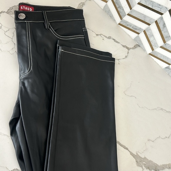 STAUD Elliot High Waist Faux Leather Trouser Straight Leg Black Color Size 8 - Picture 10 of 13